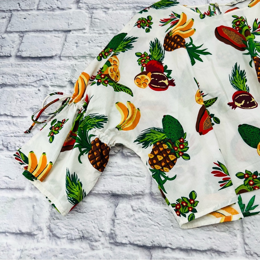 Zara White Cropped Blouse Tropical Fruit Print Medium Bell Sleeve Summer - Picture 3 of 8